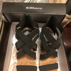 BCBG Black Wedge Sandals